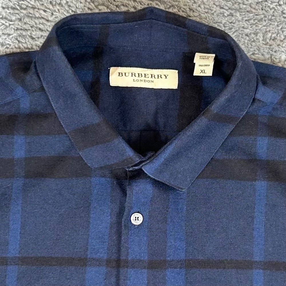 Burberry London Mens Tailored XL Navy Black Check Cotton Button Down Shirt